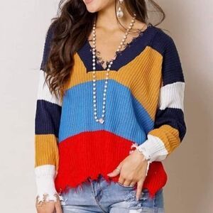 DISTRESSED FRAYED RAGGED HEM, SQUARE V NECK, COLOR BLOCK,TRENDY SWEATER
